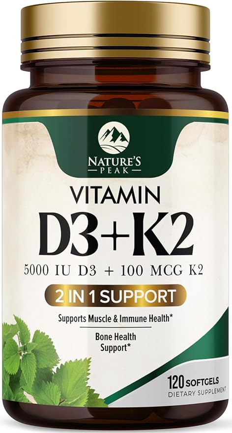 D3 K2 Vitamin - 5000 IU D3 Per Serving - High Potency Vitamin D3 Supplement - Advanced 2-in-1 Complex Vitamin D & Vitamin K2 (MK7) - Easy to Swallow, Bone & Immune Support - USA Bottled - 120 Softgels