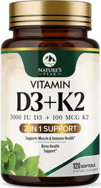 D3 K2 Vitamin - 5000 IU D3 Per Serving - High Potency Vitamin D3 Supplement - Advanced 2-in-1 Complex Vitamin D & Vitamin K2 (MK7) - Easy to Swallow, Bone & Immune Support - USA Bottled - 120 Softgels