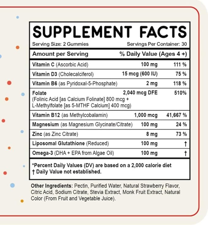 Folinic Acid Gummies for Kids & Adults – with L-Methylfolate Methyl B12, P5P B6, Magnesium Glycinate, Vitamin D3 & C Methylated Folate Support for Brain,Focus, Mood & Cellular Health – 5-MTHF