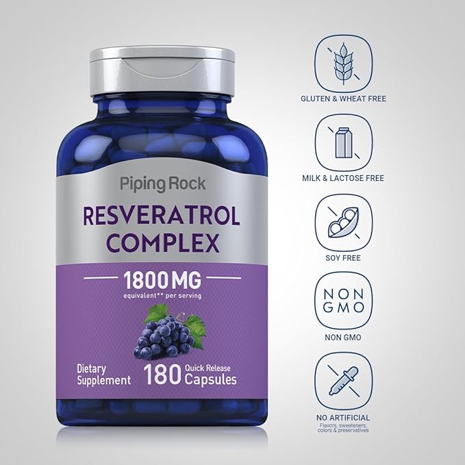 Piping Rock Resveratrol Complex | 180 Capsules | Grape Seed Extract | Non-GMO, Gluten Free Supplement