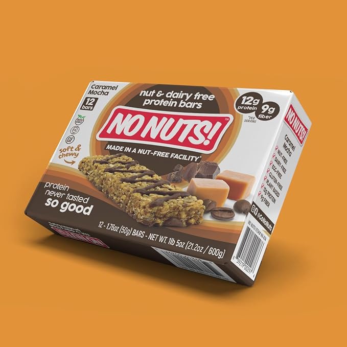 No Nuts! Caramel Mocha Protein Bars Nut-Free & School-Safe | 12g Plant Protein, Dairy-Free, Vegan, Gluten-Free, Non-GMO, Organic, Kosher | 12 Count