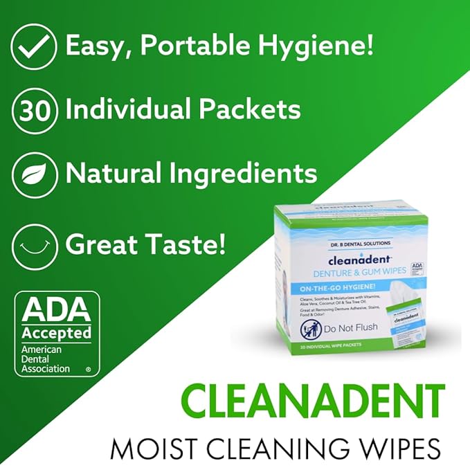 Dr. B Dental Solutions Cleanadent Wipes - Convenient Denture Cleaning Wipes, Refreshes Gums, No Artificial Colors/Flavors - 60 Count