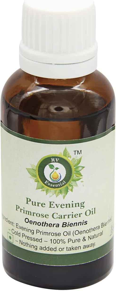 R V Essential Pure Evening Primrose Carrier Oil 100ml (3.38oz)- Oenothera Biennis (100% Pure and Natural Cold Pressed)