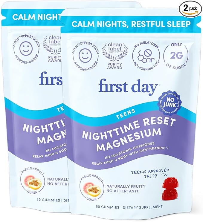 First Day Teens’ Nighttime Reset Calming Magnesium Gummies – Sleep Aid Supports Peaceful Rest, Balanced Mood & Energy – Supplement with Magnesium Citrate, Affron & No Melatonin – 60-Day Supply