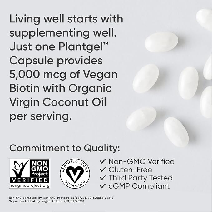 Sports Research® Biotin 5,000mcg with Organic Coconut Oil - Biotin (Vitamin B7) for Healthy Skin and Hair Support* - for Women and Men - Vegan, Non-GMO, Gluten & Soy-Free - 120 Veggie Softgels