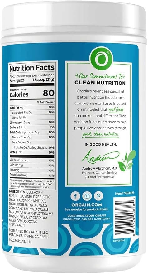 Orgain Collagen +Superfoods with 20 Grams of Grass-Fed Collagen and Vitamin C, Unflavored, 25.6 oz