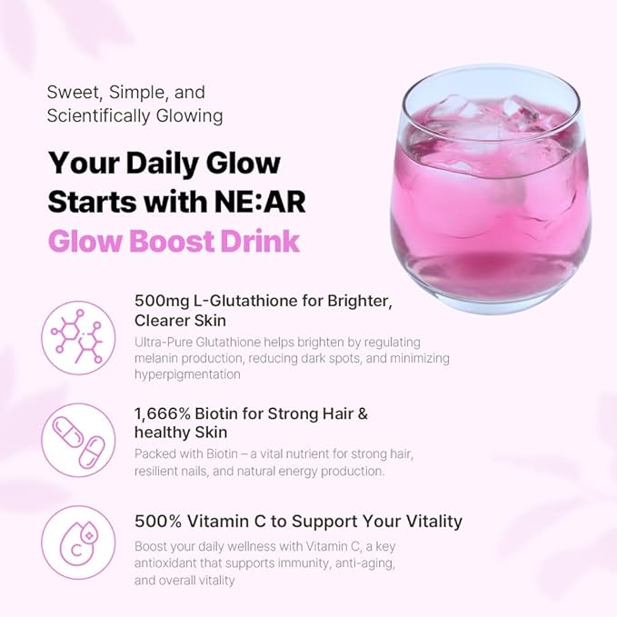 NE:AR Glow Boost Drink – 250mg Pure Glutathione + 500mg Vitamin C – Sugar-Free Beauty Powder for Skin Brightening & Hydration – Refreshing Flat Peach Flavor – Made in Korea