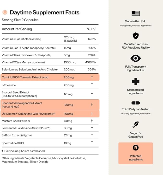 Stasis Daytime Energy & Focus Supplement for Men & Women with Vitamin D3, L Theanine, Ashwagandha & CoQ10, Cognitive Support Capsules for Morning Routines, Vegan, Non GMO, 25 Servings, 1 Month Supply