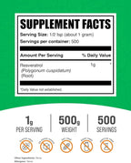 BulkSupplements.com Resveratrol Powder - Resveratrol Supplement, from Polygonum Cuspidatum - Antioxidant, Gluten Free, 1g per Serving, 500g (1.1 lbs) (Pack of 1)