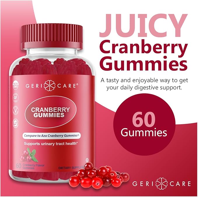 GeriCare Cranberry Gummies, Compare to AZO Naturally Sourced Cranberry Extract for UTI & Bladder Health, Antioxidant Support, Non-GMO, Gluten-Free, Vegan, Gelatin-Free, 60 Count (2 Pack)