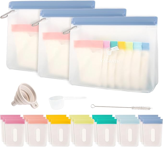 Protein Powder Travel Container Set,Reusable Powder Supplement Container To Go,21Pcs Single Dose Bags & 3Pcs Large Zip Bags,Portable Travel Containers with Funnel,Spoon