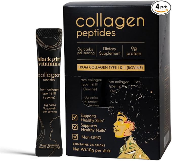 Black Girl Vitamins Collagen Stick Packs – Collagen Type I & III Supplement for Hair, Skin & Nails – Unflavored Collagen Protein Powder – 9g Protein, 0g Carbs – 24 Pack