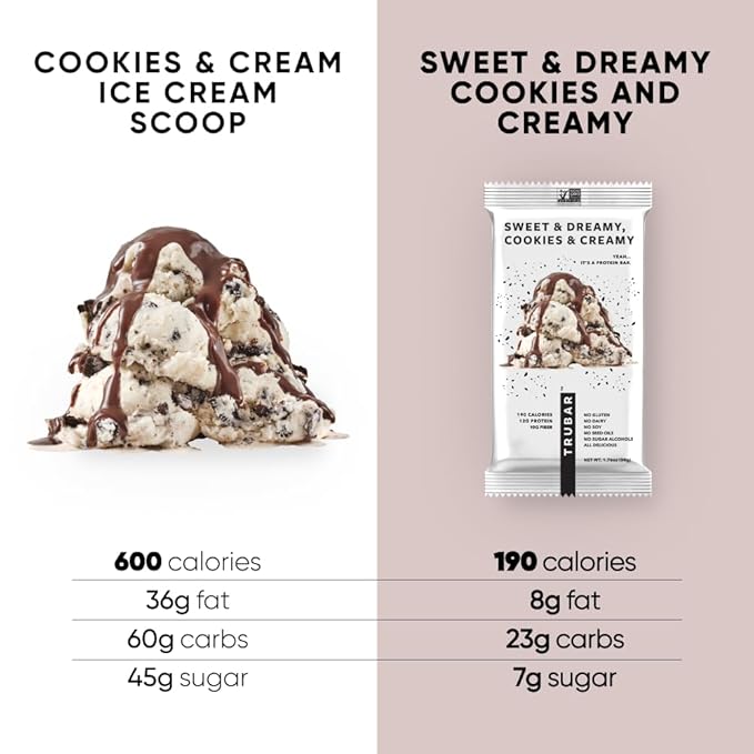 TRUBAR Vegan Protein Bar, Sweet & Dreamy Cookies and Creamy, Gluten Free, Plant Based Protein, Dairy Free, Non GMO, Soy Free, No Sugar Alcohols, 12G Protein, 12G Fiber, 23G Carb,Snack Bars, 12ct