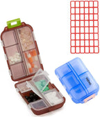 Pill Case (2 Pack) - Portable Small Supplements Tablet Container Box with 10 Compartments - Medicine Vitamin Organizer Dispenser Holder Storage for Travel Trip Pocket Purse(Blue+Chocolate)