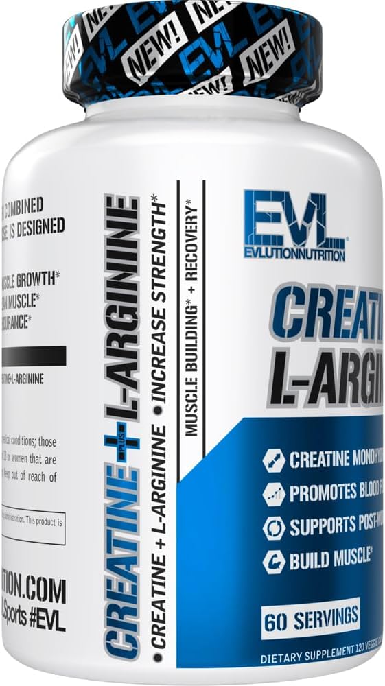 Evlution Nutrition Creatine + L-Arginine - Supports Blood Flow, Post-Workout Recovery & Lean Muscle Growth - 500mg Creatine Monohydrate & 500mg L-Arginine Per Serving -60 Servings -120 Veggie Capsules