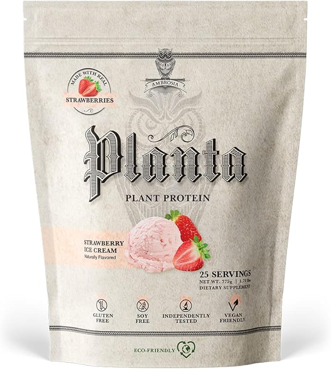 Ambrosia Planta - Plant-Based Protein Powder 20g | Dairy Free Vegan Protein Powder with BCAA Amino Acids | Keto-Friendly, No Added Sugar | 25 Servings | Strawberry Ice Cream