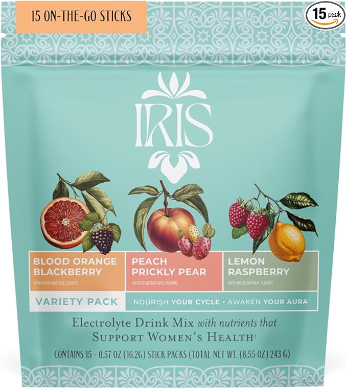 Iris Women’s Hormonal Health Daily Electrolyte Drink Mix | High Fiber, Essential B Vitamins for Mood Support | 40:1 Myo & D‑Chiro Inositol | Variety Pack, 15 Hydration Powder Packets