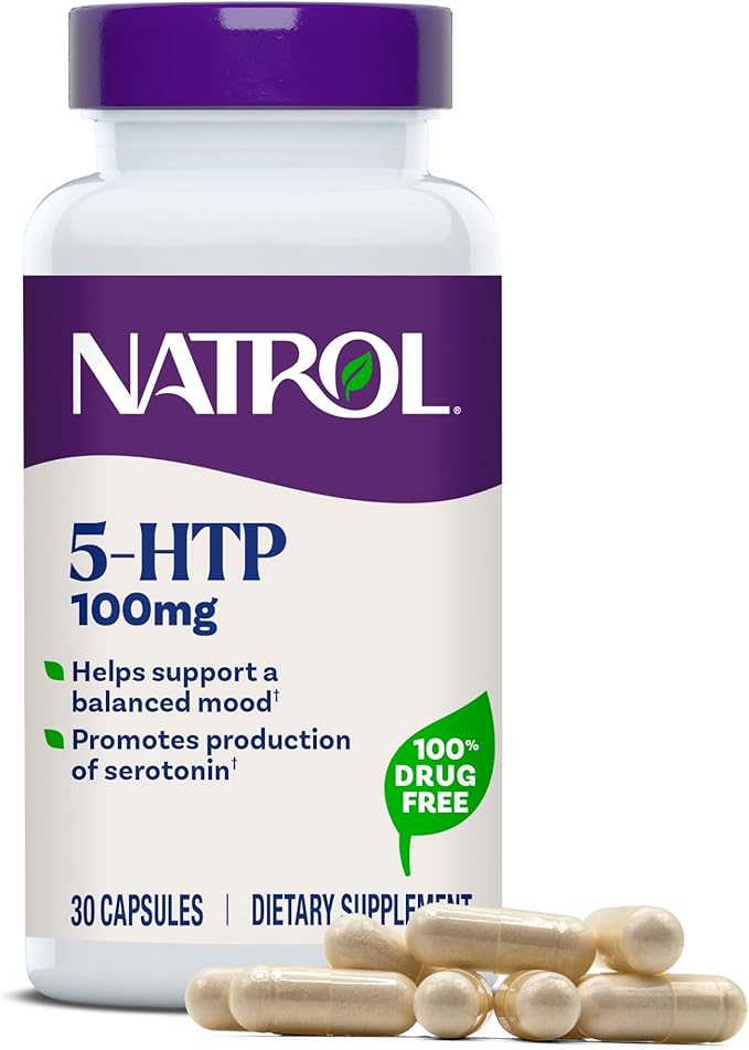 Natrol Mood + Stress 5-HTP 100 mg, Dietary Supplement for a Balanced Mood, Capsules for Adults, 30 Capsules, Up to a 30 Day Supply