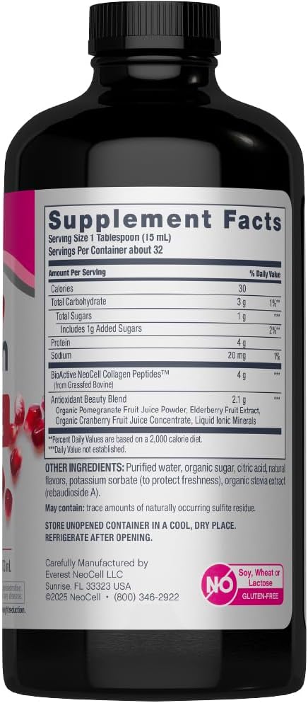 NeoCell Liquid Collagen, Skin, Hair, Nails and Joints Supplement, Includes Fruit Juice Concentrates and Green Tea Blend, Pomegranate, 16 oz., 1 Bottle