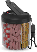 Hionxmga Pill Dispenser with 7 Large Compartments, 4.4" H x 3.6" Dia Pill Organizer for Travel, Supplement Organizer with Anti-Mixing Design, BPA-Free Pill Container with 20 Pcs Labels, Black