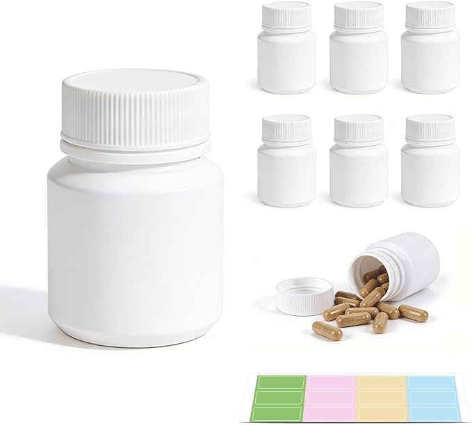 8 Pack Small Empty Plastic Bottles for Pills - Travel Medicine Containers with Lids & Labels, Portable Daily Organizer Storage for Vitamins, Medication Essentials