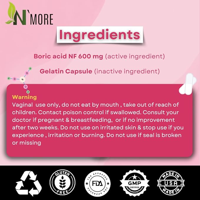 N'More pH Harmony Boric Acid Vaginal Suppositories for Yeast Infection Relief + Reusable Applicator — 30 Count, 600 mg, Made in USA