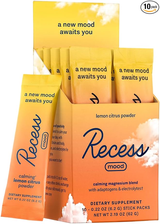 Recess Mood Powder, Magnesium L-Threonate Blend with Passion Flower, L-Theanine, Electrolytes, Magnesium Calm Support Powder Supplement - Lemon Citrus Pack of 10