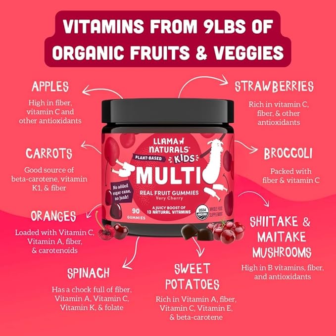 Llama Naturals Kids Multivitamin Gummies | Real Fruit, No Added Sugar Cane | Organic Vegan Toddler Whole Food Vitamins | Vitamin D, C & Beta Carotene Gummy Supplement | Cherry 180 Ct (2-3 Months)
