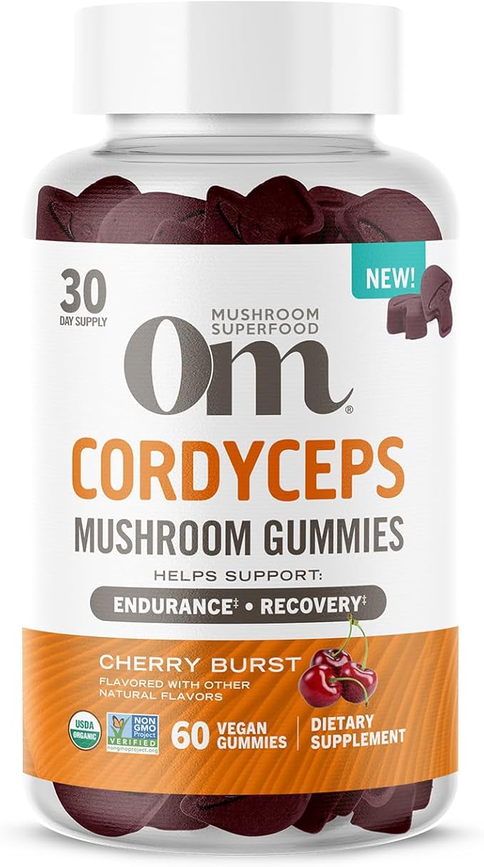 OM MUSHROOM SUPERFOOD Cordyceps Gummies – USA Grown Organic Mushrooms – Supports Endurance, Energy & Recovery – Cherry Burst Flavour – 30 Servings, 60 Count.