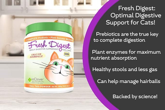 In Clover Fresh Digest Daily Digestive Aid and Immune Support Supplement for Cats, Natural Prebiotic and Enzyme Powder for Healthy Stools, Hairball Control, Stop Litterbox Odor, Works Fast 100g/3.5oz