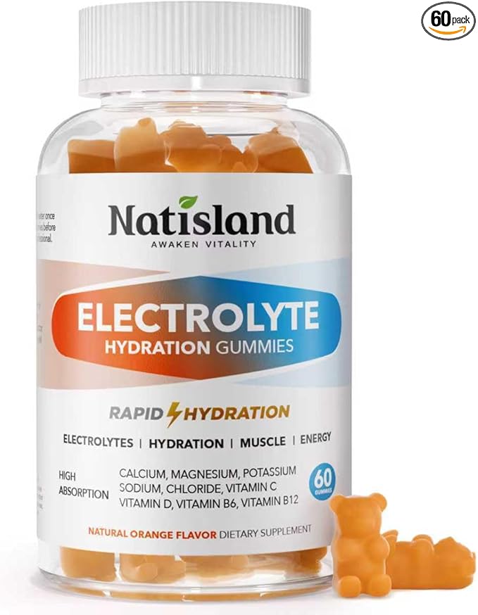 Electrolyte Gummies for Hydration, Hydration Gummies for Kids & Seniors Adults, with Potassium, Magnesium, Calcium, Sodium, Chloride for Runners and Endurance Sports, Orange Flavor, Vegan, 60 Chews