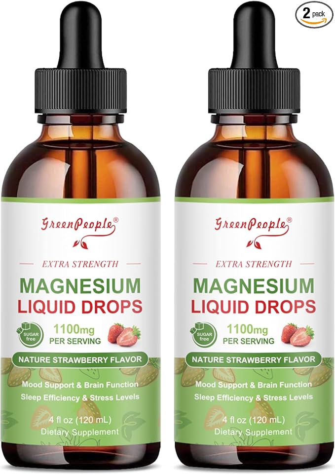 GREENPEOPLE Magnesium Glycinate Liquid Drop - 17-in-1 4Fl. Oz Triple Magnesium Complex Supplement with Glycinate 400mg & Citrate 500mg Taurate/L-Theanine for Calm Mood/Muscle/Sleep,Strawberry -2 Pack