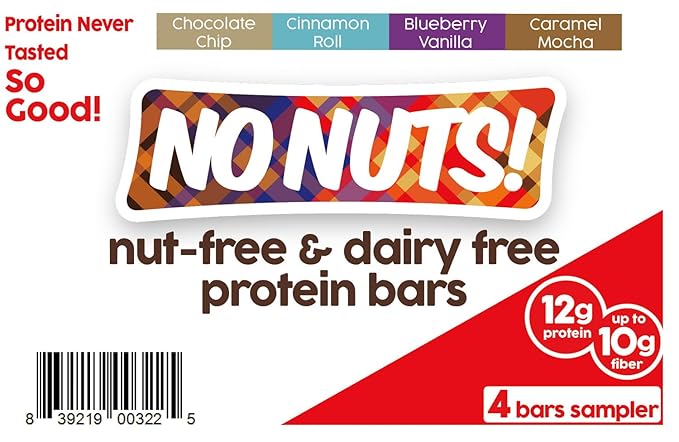 No Nuts! Protein Bar Variety Pack 4 Count Sampler | Nut-Free & School-Safe | Chocolate Chip, Caramel Mocha, Cinnamon Roll & Blueberry Vanilla | Dairy-Free, Vegan, Non-GMO, Organic, Kosher