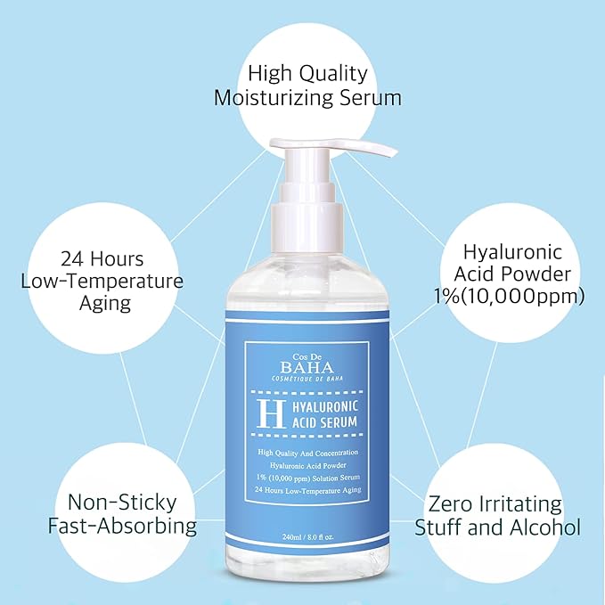 Cos De BAHA Hyaluronic Serum 8 Fl Oz – Pure Sodium Hyaluronate 10,000 ppm Hydrating Face Serum for Dry & Dehydrated Skin – Lightweight Fragrance-Free Korean Skincare Formula (240 ml)