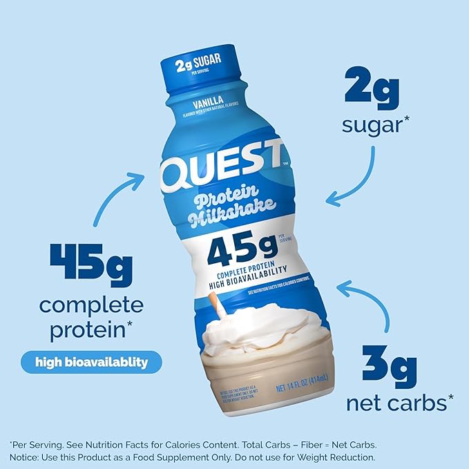 Quest Nutrition Vanilla Protein Shake,45g Protein,2g Sugar,3g Net Carbs,Ready to Drink,Gluten Free,(Pack of 24)