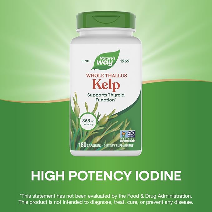 Nature's Way Kelp - Kelp Supplement for Thyroid Function Support* - Botanical Ingredients - Plant-Derived Capsule - Plant-sourced Iodine - Vegan, Gluten-Free & Dairy-Free - 180 Count (180 Servings)