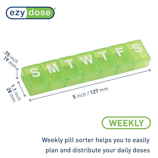 EZY DOSE Weekly (7-Day) Daily Pill Organizer, Vitamin Planner, Medicine Container, Case for Supplements and Fish Oils, Convenient and Easy to Use, Medium Compartments, Travel Friendly, Green, BPA Free