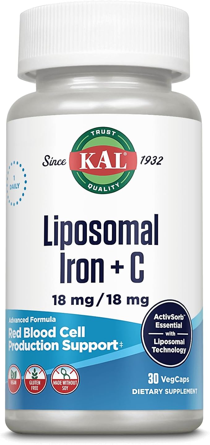 KAL Liposomal Iron Supplement with Liposomal Vitamin C, Iron Supplement for Women and Men, High Absorption, Gentle Iron Pills, Vegan, Gluten Free, 30 Servings, 30 VegCaps