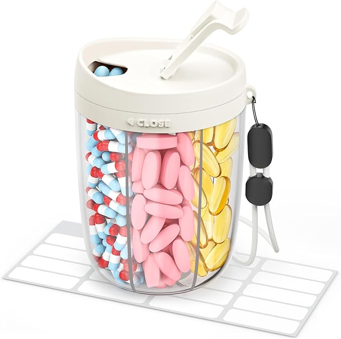 AMOOS Large Pill Dispenser with 6 Compartments, Anti-Mix Pill Bottle Organizer with Wide Opening & Easy Retrieval, Vitamin Organizer for Travel, BPA-Free Pill Box with a Strap, White