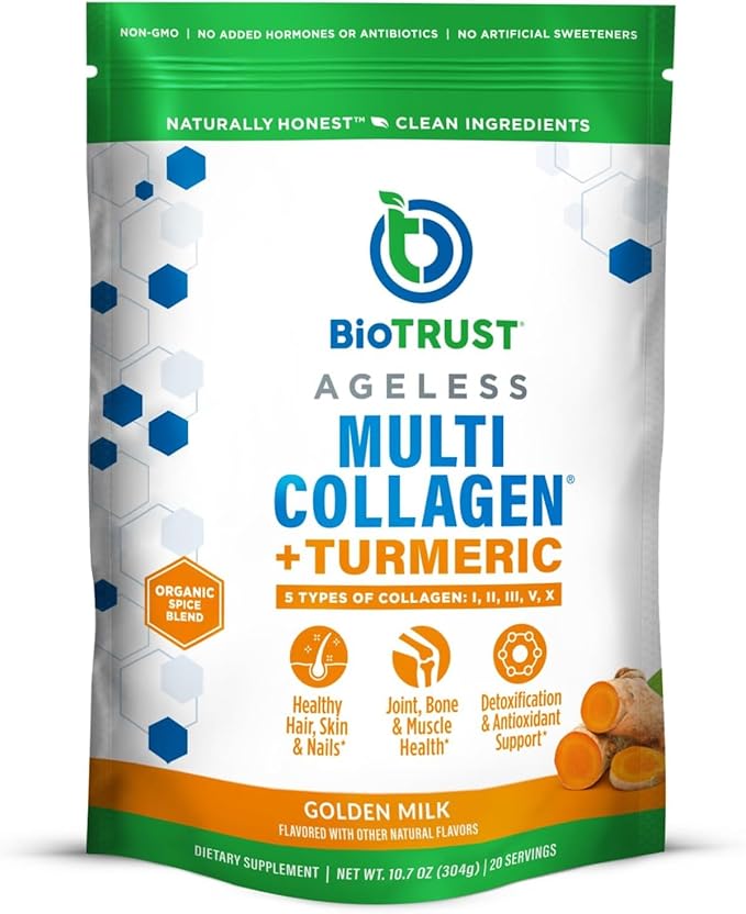 BioTrust Collagen Powder with Turmeric – 5 Types (I, II, III, V, X) – Turmeric Collagen Powder for Women & Men – Hydrolyzed Protein – Grass Fed Beef, Fish, Chicken, Eggshell Membrane (Golden Milk)