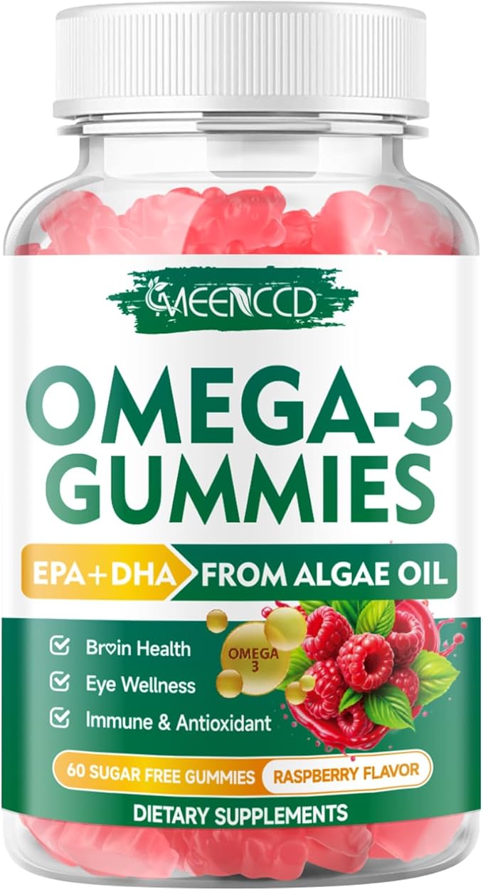 Vegan Omega-3 Gummies 1000mg, Omega 3 Fish Oil Alternative for Adults, Algae-Based DHA 600mg & EPA 300mg + Vitamins A, C, E, Zinc, Supports Overall Wellness, No Fish Taste, 60 Count