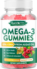 Vegan Omega-3 Gummies 1000mg, Omega 3 Fish Oil Alternative for Adults, Algae-Based DHA 600mg & EPA 300mg + Vitamins A, C, E, Zinc, Supports Overall Wellness, No Fish Taste, 60 Count