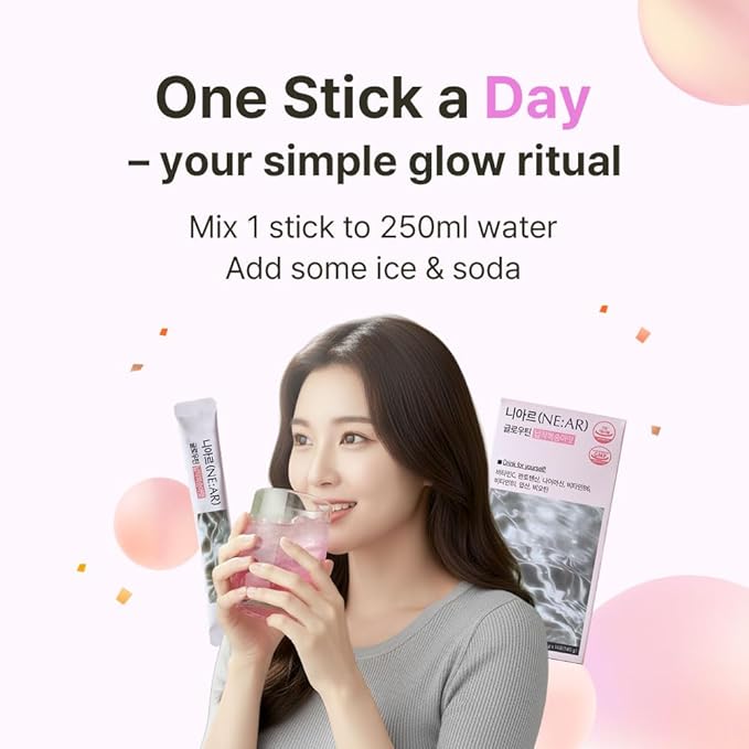 NE:AR Glow Boost Drink – 250mg Pure Glutathione + 500mg Vitamin C – Sugar-Free Beauty Powder for Skin Brightening & Hydration – Refreshing Flat Peach Flavor – Made in Korea