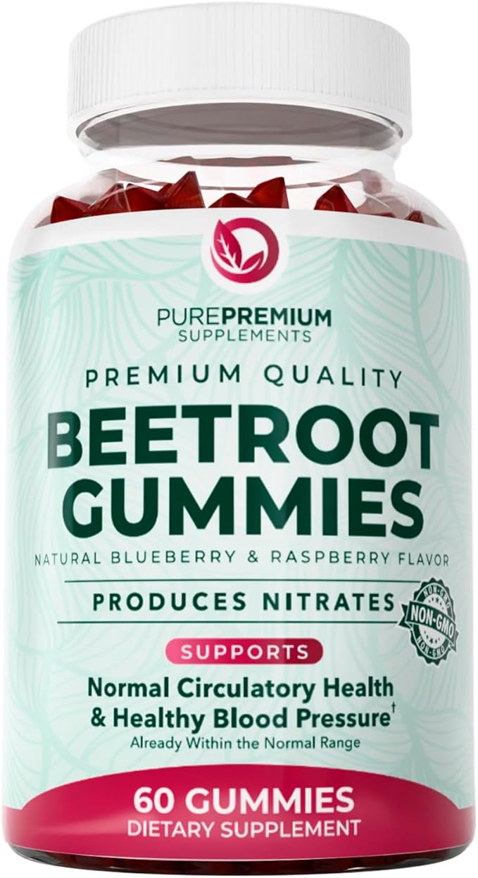 PurePremium Beet Root Gummies - 60 Sugar Free Chews - Nitric Oxide Beetroot Gummies | Natural Blueberry Flavor - Supplements for Normal Blood Pressure – 1 Month Supply