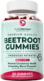PurePremium Beet Root Gummies - 60 Sugar Free Chews - Nitric Oxide Beetroot Gummies | Natural Blueberry Flavor - Supplements for Normal Blood Pressure – 1 Month Supply