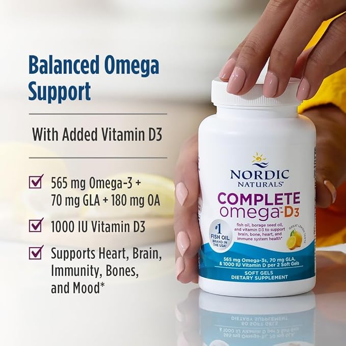 Nordic Naturals Complete Omega-D3, Lemon Flavor - 60 Soft Gels - 565 mg Omega-3 + 70 mg GLA + 1000 IU Vitamin D3 - EPA & DHA - Healthy Skin, Cognition, & Positive Mood - Non-GMO - 30 Servings