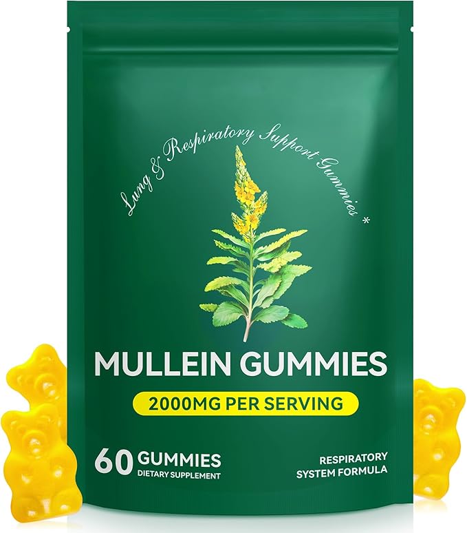 60 Count Mullein Gummies for Lung Cleanse, 2000mg Organic Mullein Leaf Extract for Lung Cleanse and Respiratory Support, Natural Mullein Herbal Supplement, Pear Flavor Gummies