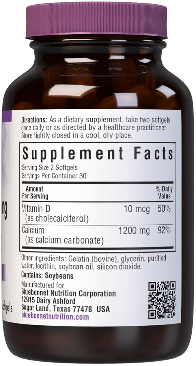 Bluebonnet Nutrition Milk-Free Calcium 1,200 mg Plus Vitamin D3 400 IU - High Potency, Maximum Absorption Strong Healthy Bones & Immune Health Support Supplement, Gluten-Free, Dairy-Free, 60 Softgels