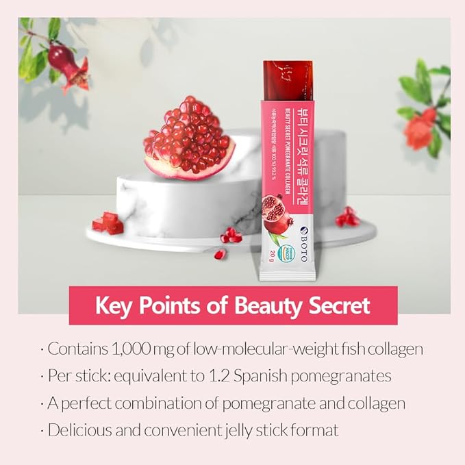 BOTO Beauty Secret Pomegranate Collagen 20g - Korean Beauty Collagen Jelly Stick, Low Molecular Fish Collagen, Pomegranate Flavored - Packs of 15