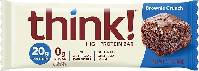 think! Protein Bars, High Protein Snacks, Gluten Free, Sugar Free Energy Bar with Whey Protein Isolate, Brownie Crunch, Nutrition Bars without Artificial Sweeteners, 2.1 Oz (12 Count) (Pack of 2)
